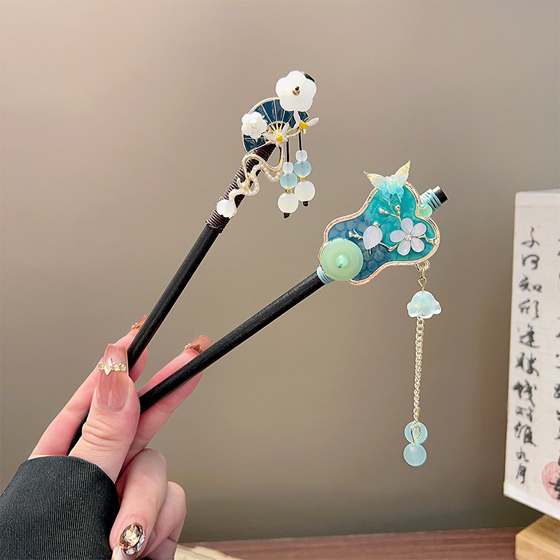 클래식 태슬 헤어 스틱 블랙 나무 꽃 진주 머리핀 중국 - Vintage Collectibles For Sale 리뷰 및 가격